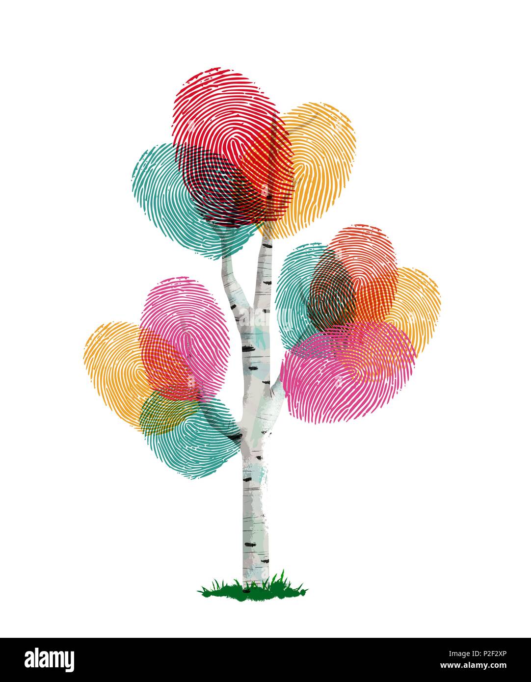 Colorato albero di impronte digitali fatte di dito umano stampa. Il concetto di identità, ambiente di aiuto o di natura cura. EPS10 vettore. Illustrazione Vettoriale