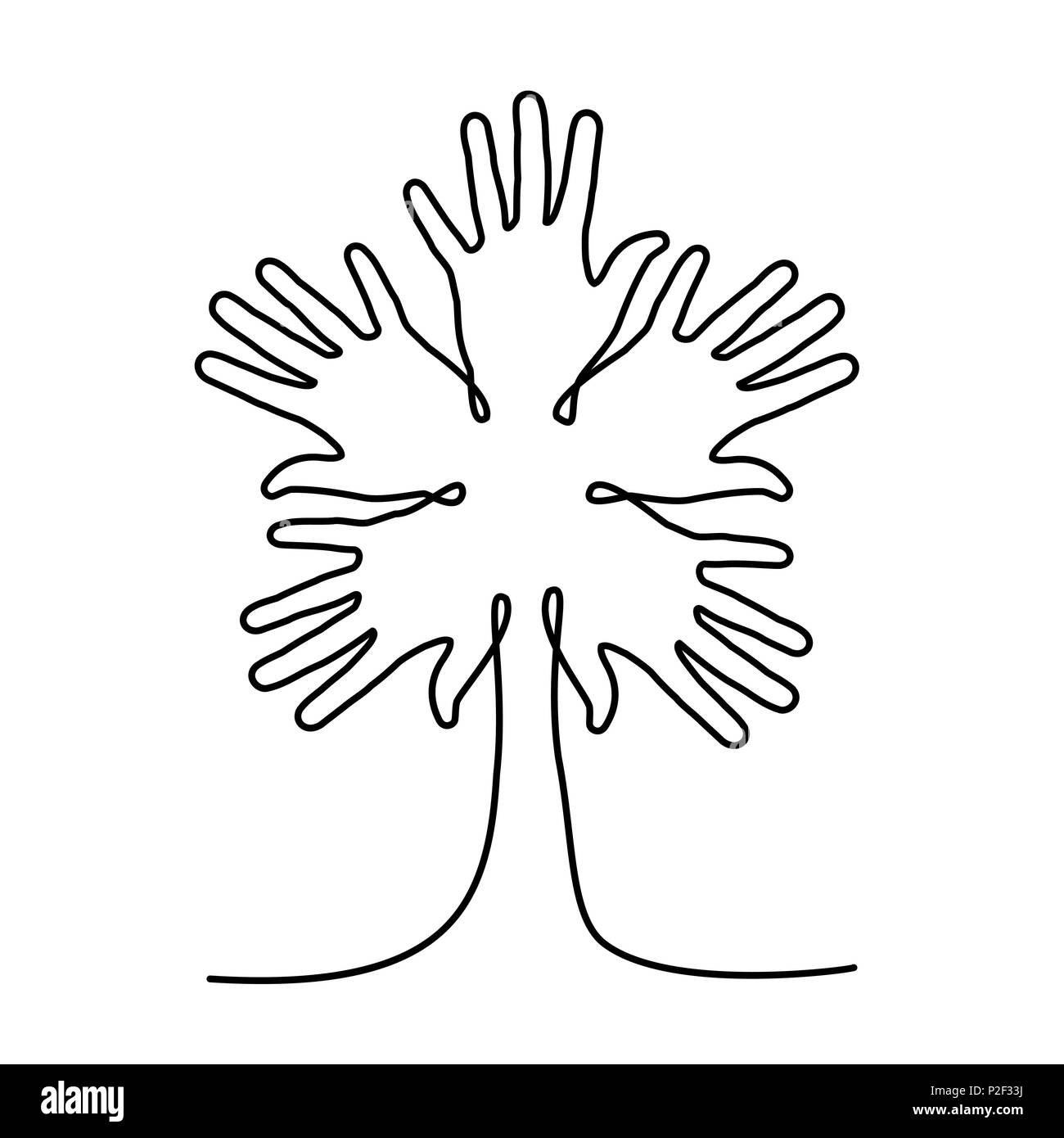 Tree fatta di mani umane in singola linea continua. Concetto idea comunitaria per aiutare, carità progetto o evento sociale. EPS10 vettore. Illustrazione Vettoriale
