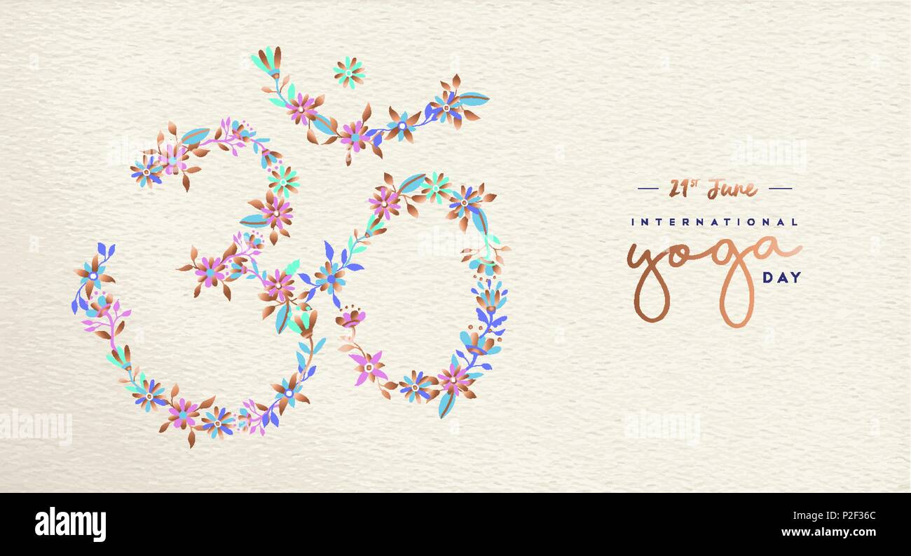 International yoga giorno banner web. Simbolo di Om fatta di decorazioni di fiori. Segno spirituale sulla carta la texture di sfondo, i religiosi in India cultura calligraph Illustrazione Vettoriale