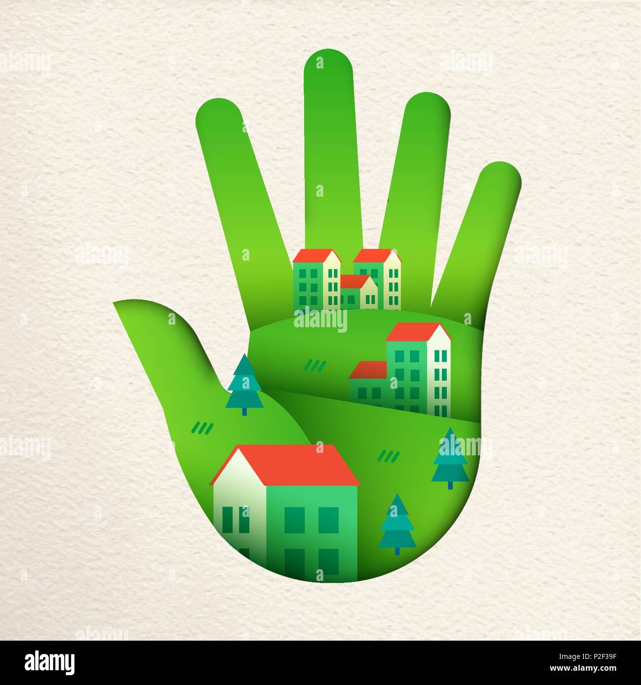 Verde mano umana in carta tagliata in stile arte con eco friendly panorama della città. Smart home concetto di villaggio per cura per l ambiente o comunità sostenibili. EP Illustrazione Vettoriale