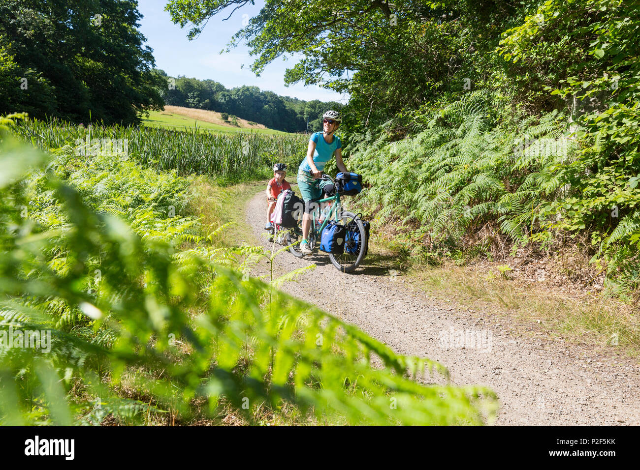 Madre e figlio su un tour in bicicletta, Mar Baltico, Signor, Bornholm, vicino Allinge, Danimarca, Europa Foto Stock