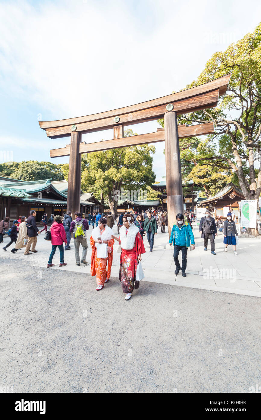 Due giovani donne giapponesi sulla venuta di età la giornata davanti a Torii di legno del tempio di Meiji, Shibuya, Tokyo, Giappone Foto Stock
