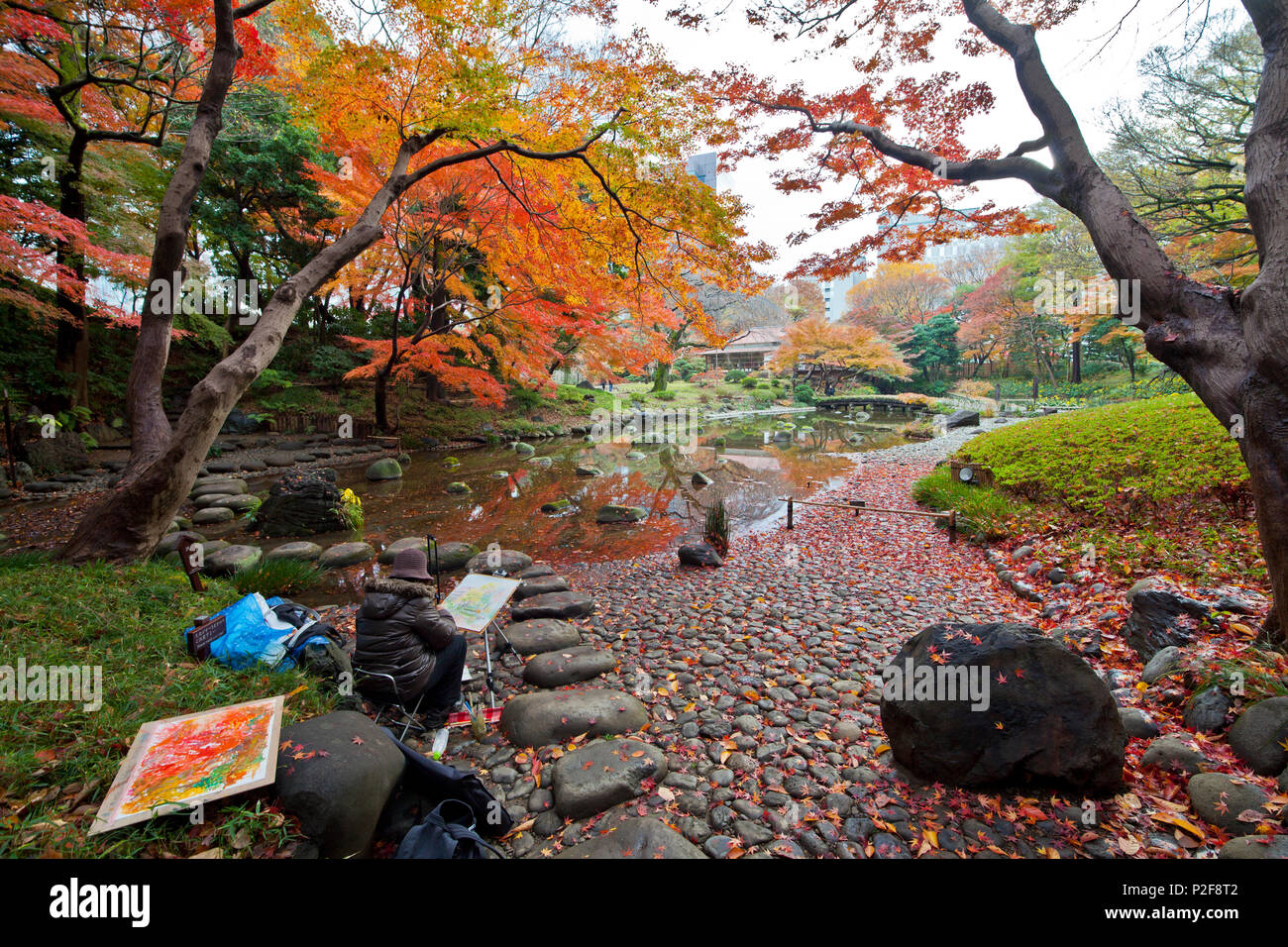Pittore in Koishikawa Korakuen giardino di disegno in colori autunnali, Bunkyo-ku, Tokyo, Giappone Foto Stock