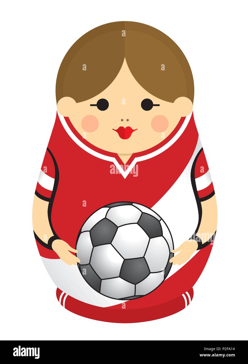 Disegno di una matrioska con i colori della bandiera del Perù in possesso di un pallone da calcio nelle sue mani. Russo bambola di nidificazione in rosso e bianco. Immagine vettoriale Illustrazione Vettoriale