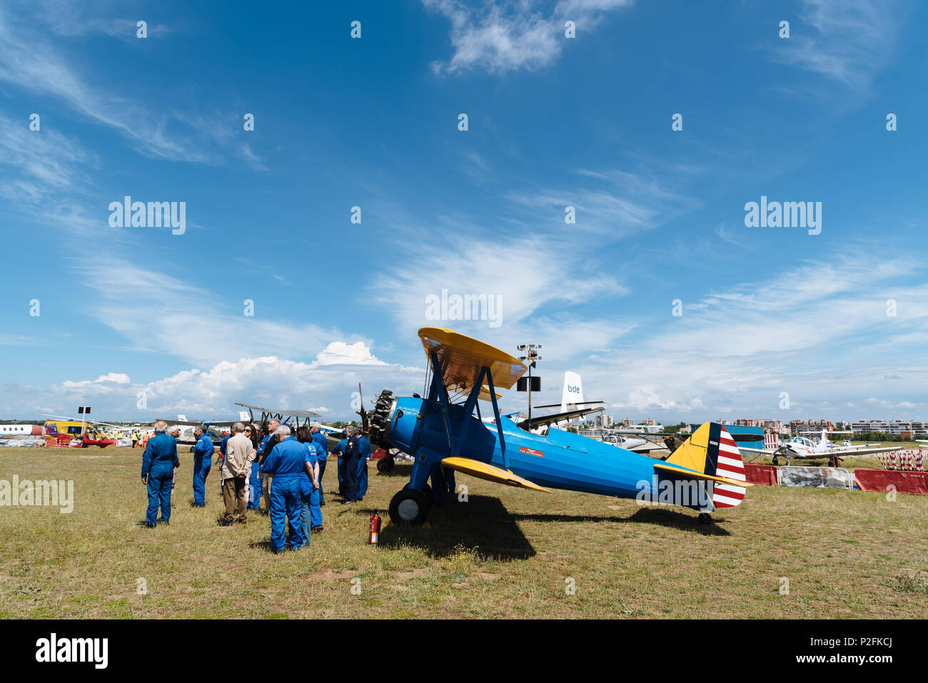 Madrid, Spagna - 3 Giugno 2018: Boeing Stearman Kaydet - FNM 1933 durante air show della storica collezione aerei a Cuatro Vientos airport Foto Stock