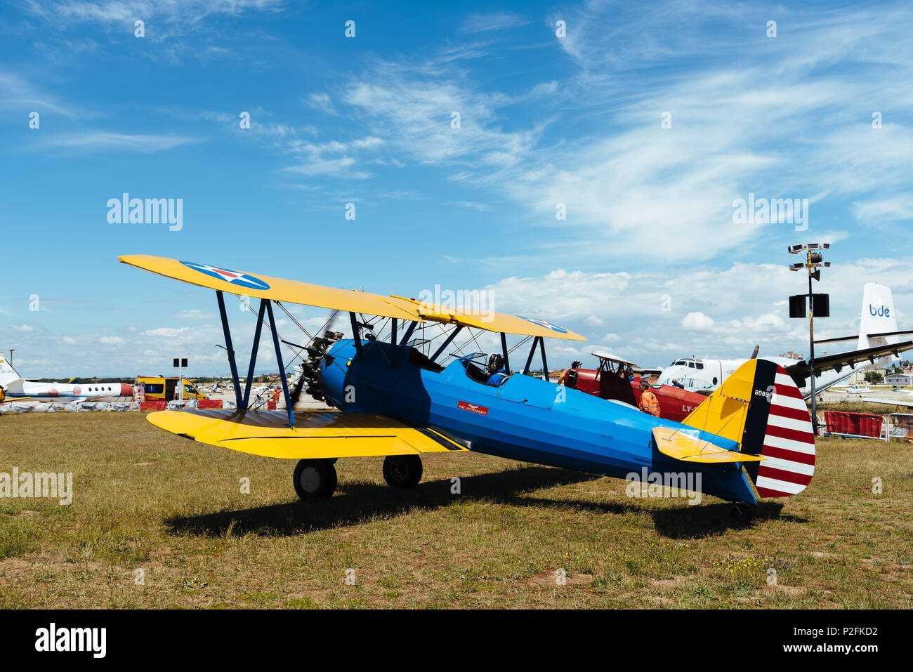 Madrid, Spagna - 3 Giugno 2018: Boeing Stearman Kaydet - FNM 1933 durante air show della storica collezione aerei a Cuatro Vientos airport Foto Stock