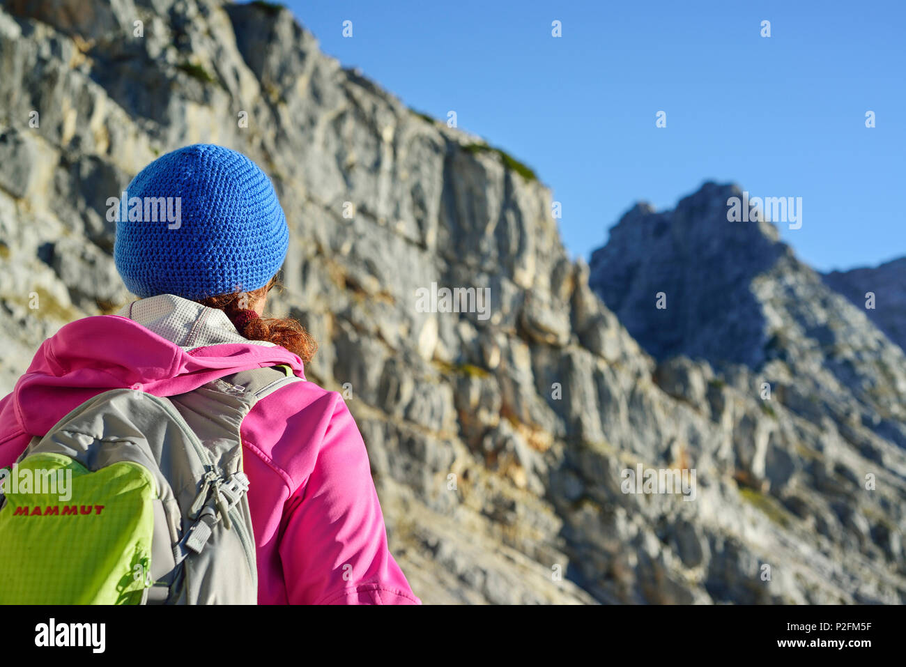 Donna escursionismo verso Rothorn, Nurracher Hoehenweg, Ulrichshorn, Loferer Steinberge gamma, Tirolo, Austria Foto Stock