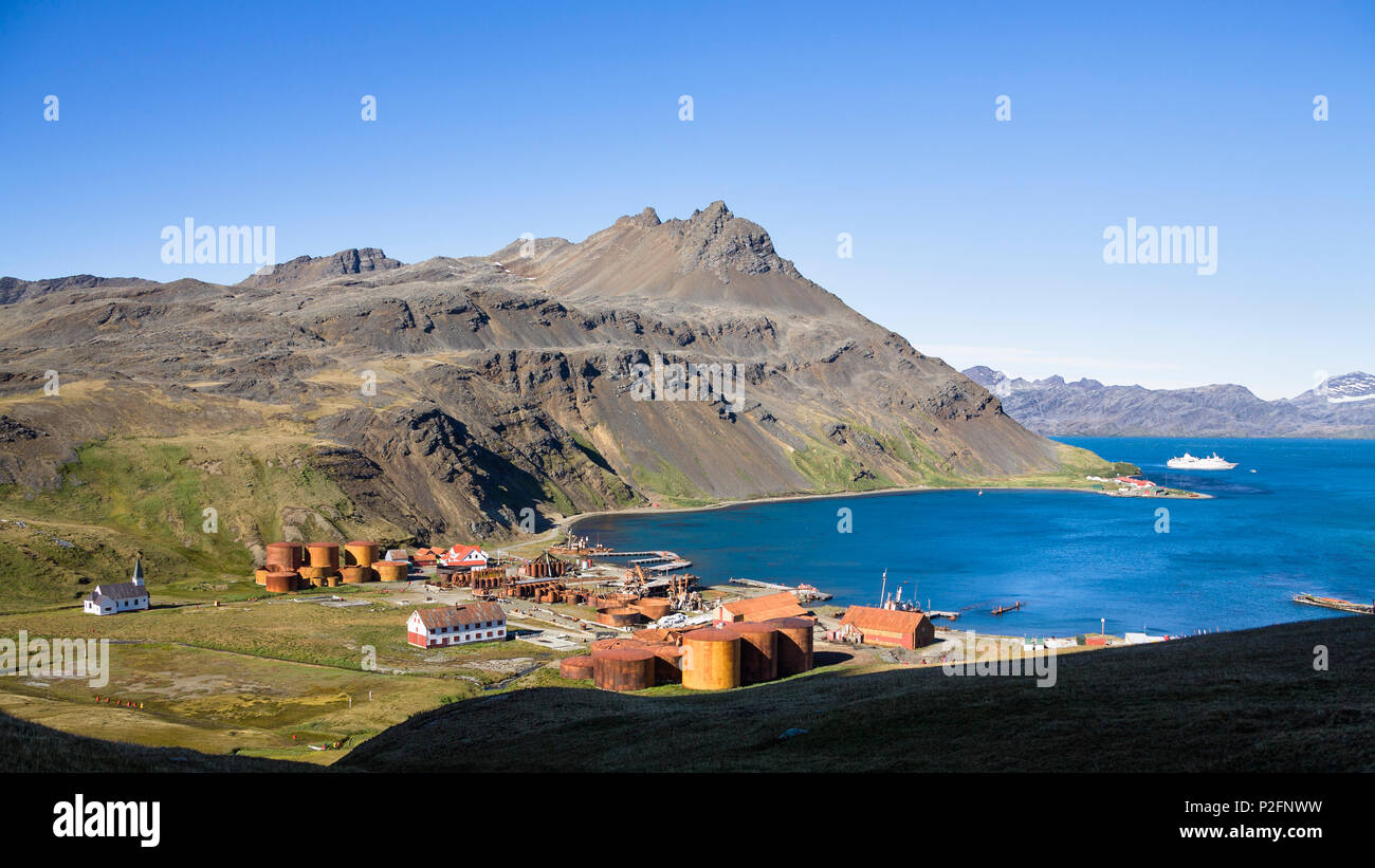 Ex stazione whaler Grytviken, King Edward Cove, Cumberland East Bay, Georgia del Sud e isole Sandwich australi British Overseas Foto Stock