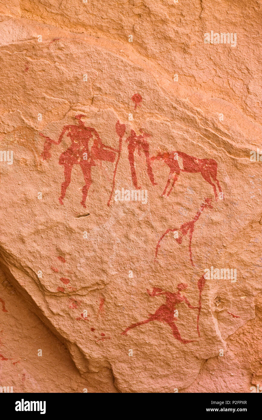 Roccia preistorica Arte, patners per la valle, montagne Akakus, Libia, sahara Africa del Nord Foto Stock
