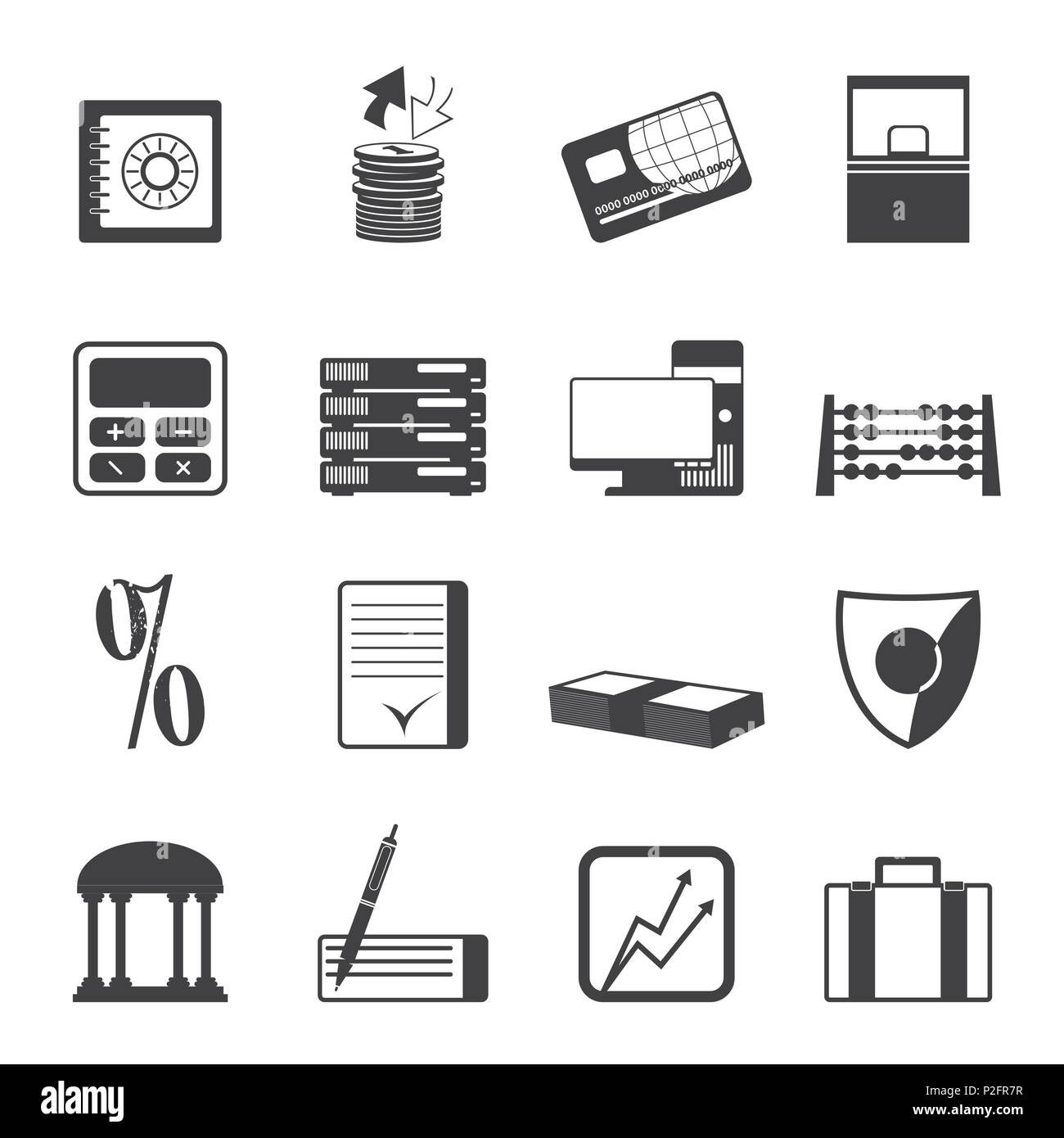 Silhouette bank, business, finanza e ufficio icone - vettore icona impostare Illustrazione Vettoriale