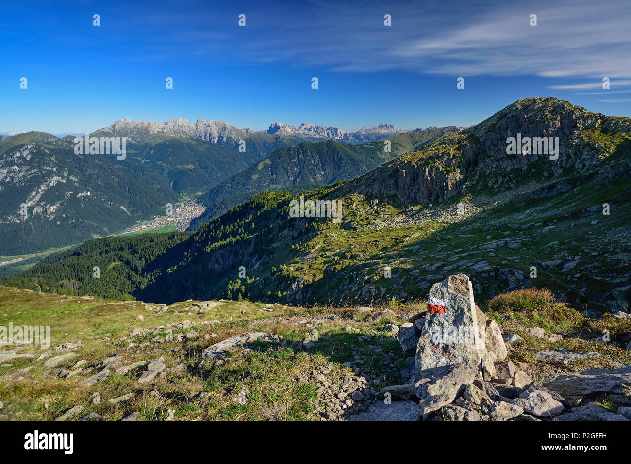 Vista la gamma del Latemar, il Catinaccio, il Sassolungo e la valle di Predazzo, Trans-Lagorai, Lagorai, Dolomiti, patrimonio mondiale Heri Foto Stock