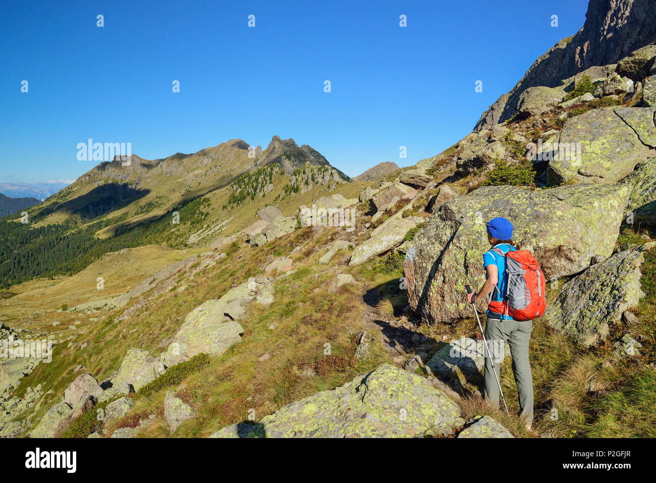 Woman Hiking vicino a Forcella di Valsorda, Trans-Lagorai, Lagorai, Dolomiti, patrimonio mondiale dell UNESCO Dolomiti, Trentino, Foto Stock