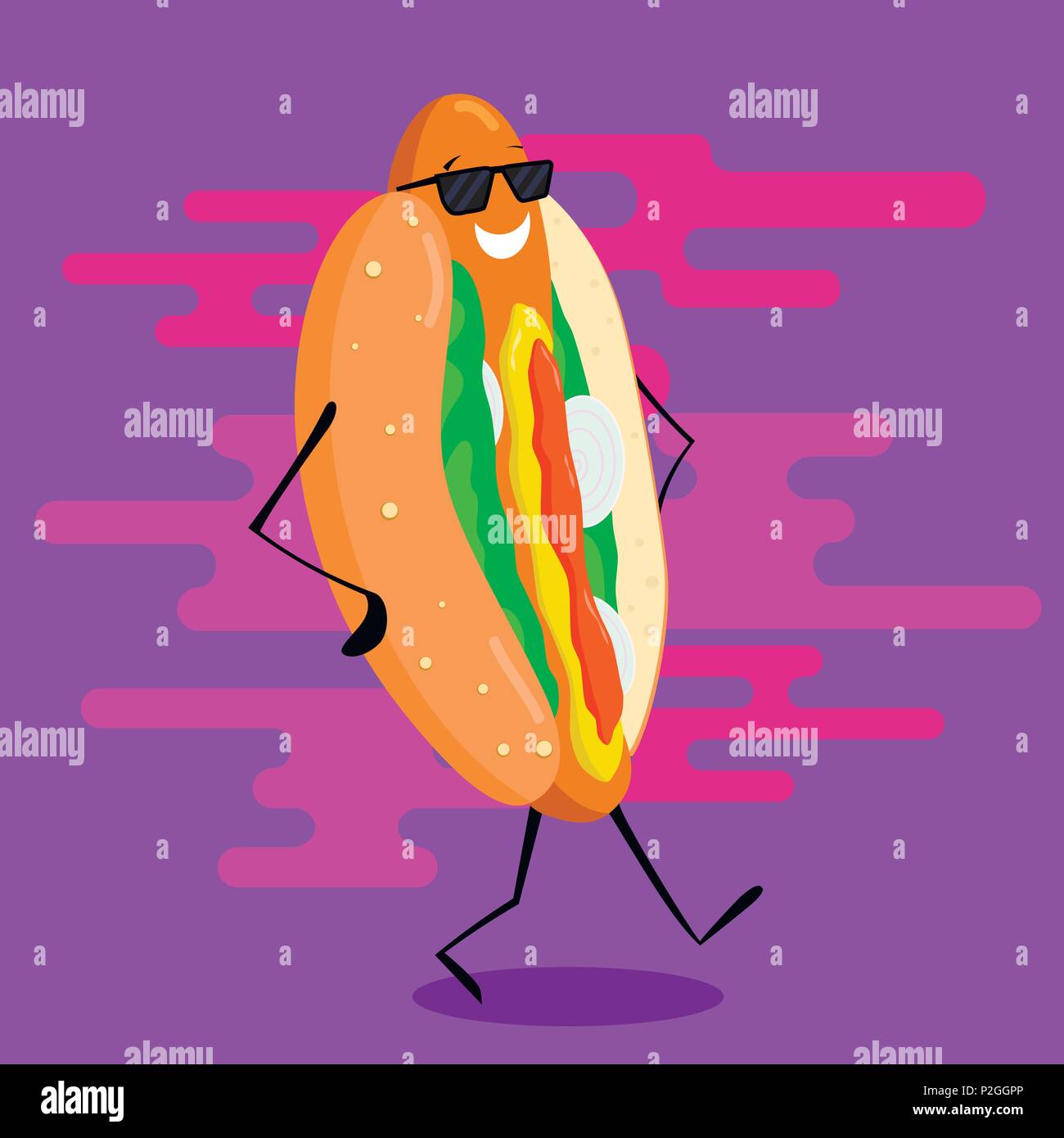 Hipster hot dog in occhiali da sole a piedi attorno a. Vettore di stile moderno illustrazione. Illustrazione Vettoriale