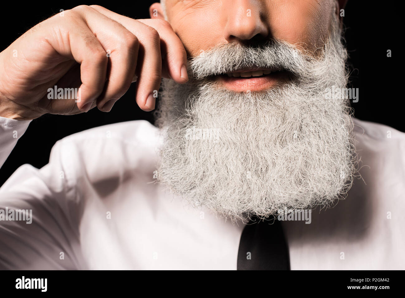 Tagliate il colpo di un uomo con una lunga barba baffi di torsione Foto Stock