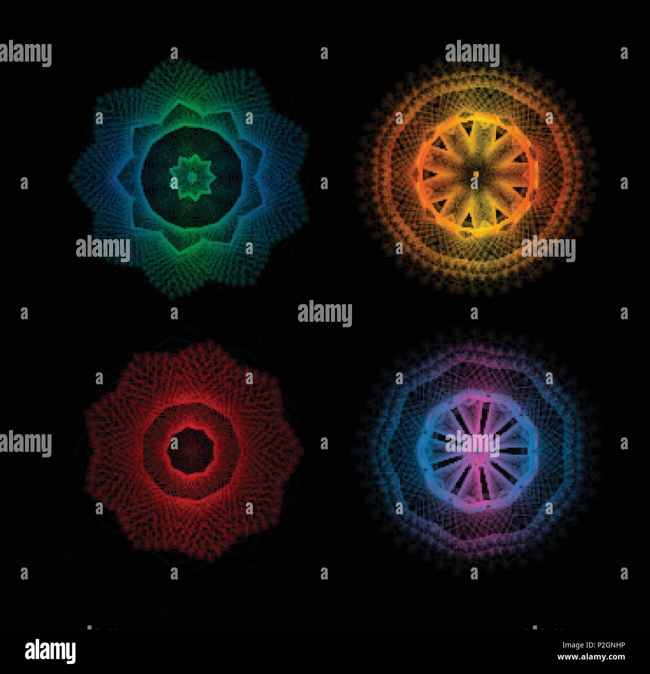 Abstract modello radiale, geometrica lineare mandala colorati. Insolito design moderno illustrazioni vettoriali impostato su sfondo nero. Illustrazione Vettoriale