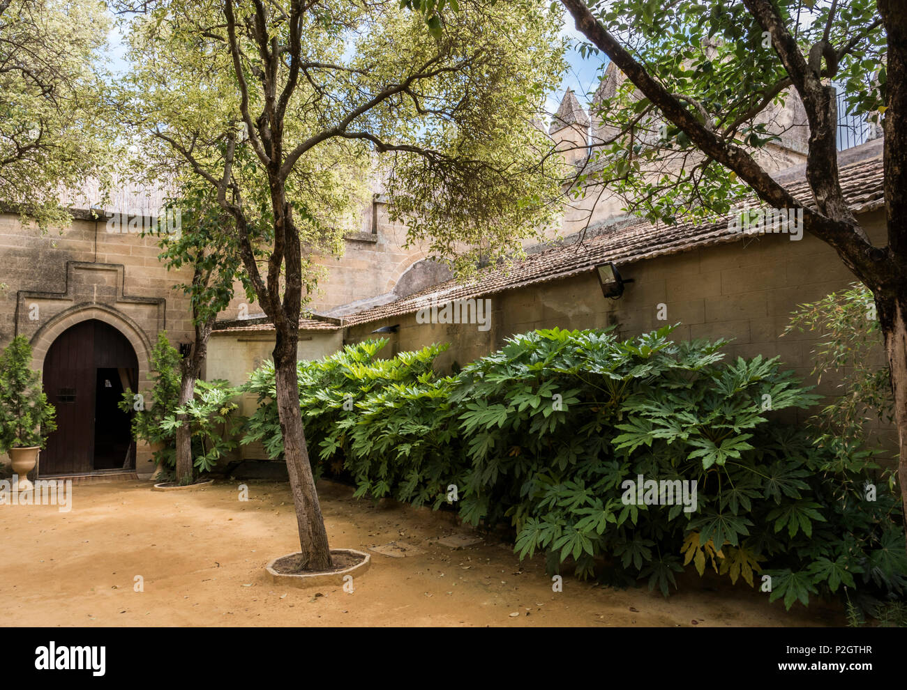 Almodovar del Rio, Cordoba, Spagna - 9 Giugno 2018: giardini all'interno di accesso omaggio a torre, è una fortezza di origine musulmana, era un forte romano e t Foto Stock