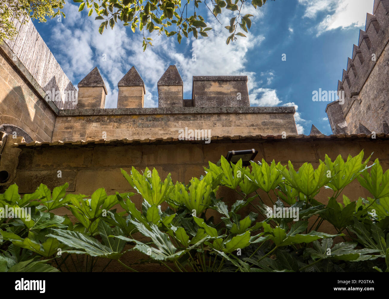 Almodovar del Rio, Cordoba, Spagna - 9 Giugno 2018: giardini all'interno di accesso omaggio a torre, è una fortezza di origine musulmana, era un forte romano e t Foto Stock