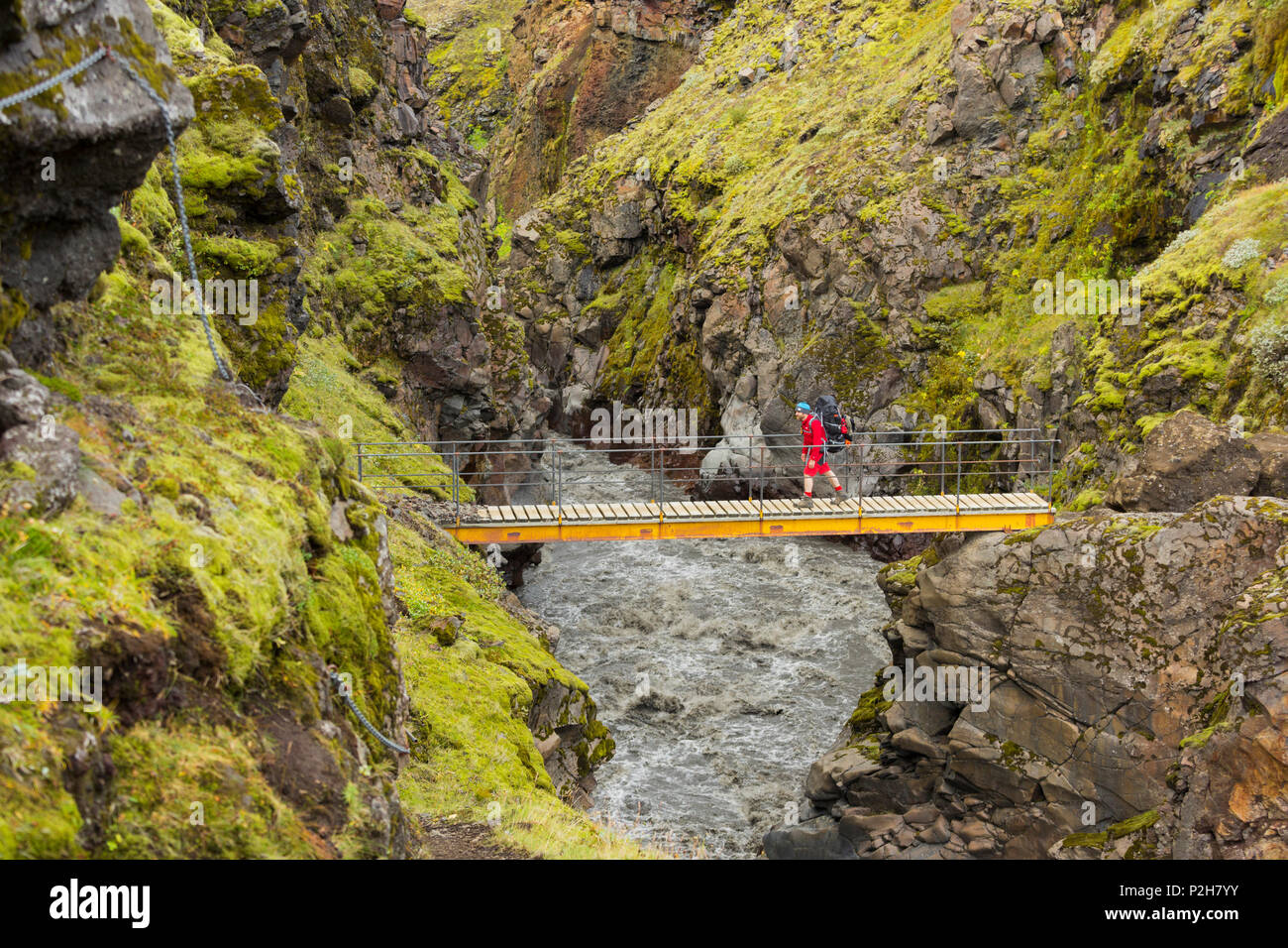 Persona che cammina su un ponte sul fiume Emstrua, Laugarvegur, Fjallabak, South Island, isola Foto Stock