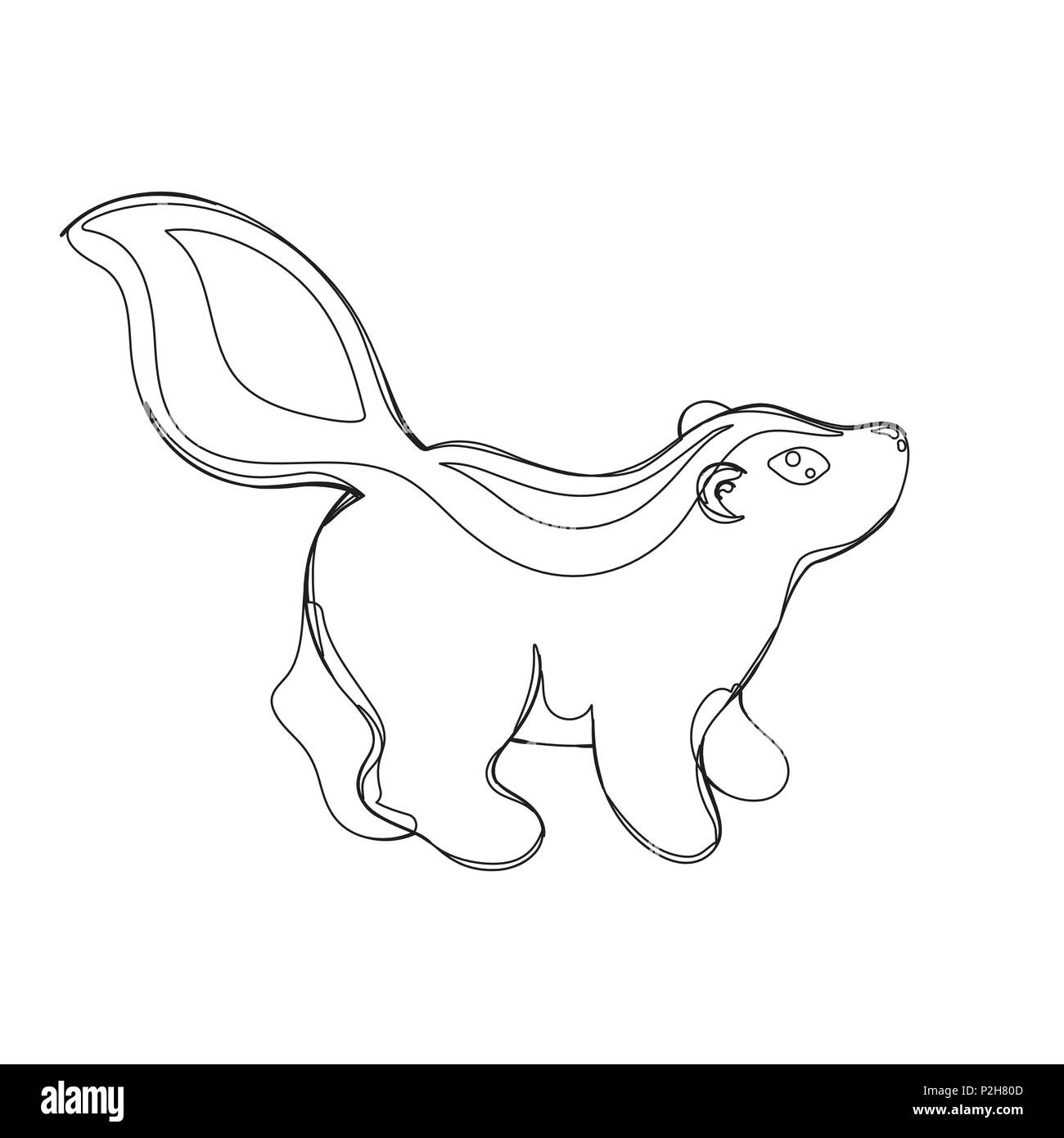 Illustrazione Vettoriale di skunk nella linea ininterrotta di stile grafico, nero contorno contorno schizzo isolato su bianco Illustrazione Vettoriale