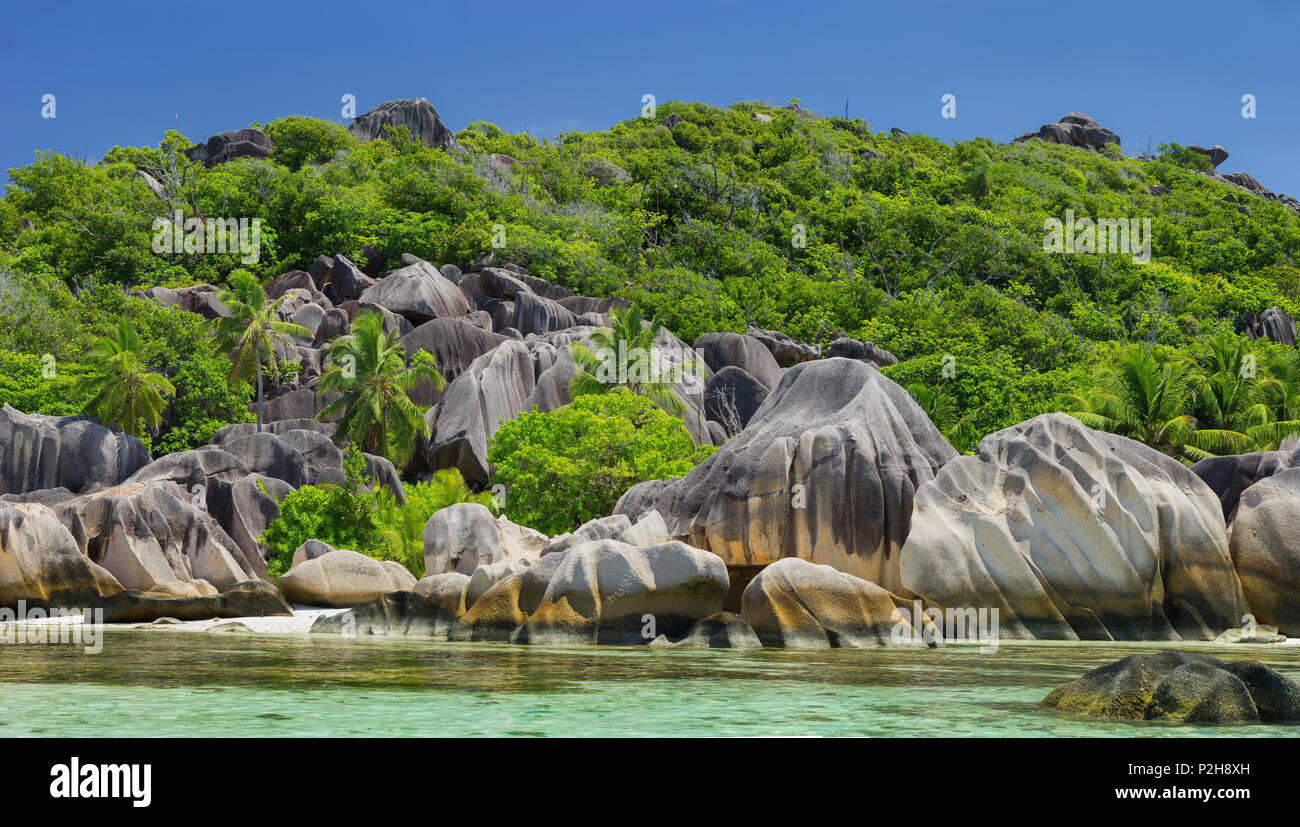 Coste rocciose, Anse Source d'Argent, La Digue Island, Seicelle Foto Stock