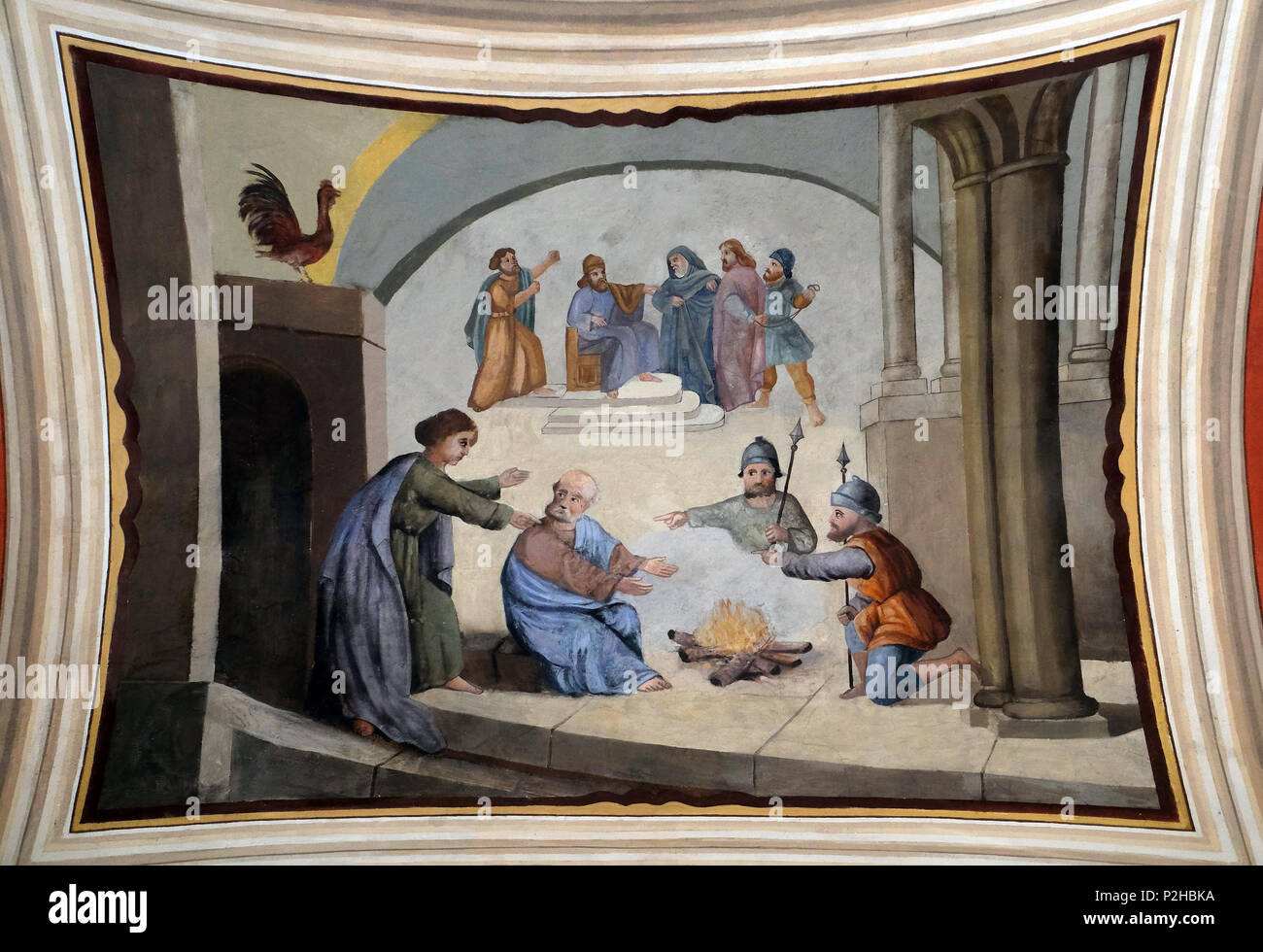 Pietro nega Gesù prima che il gallo canti tre volte, affreschi nella chiesa di San Matteo in Stitar, Croazia Foto Stock