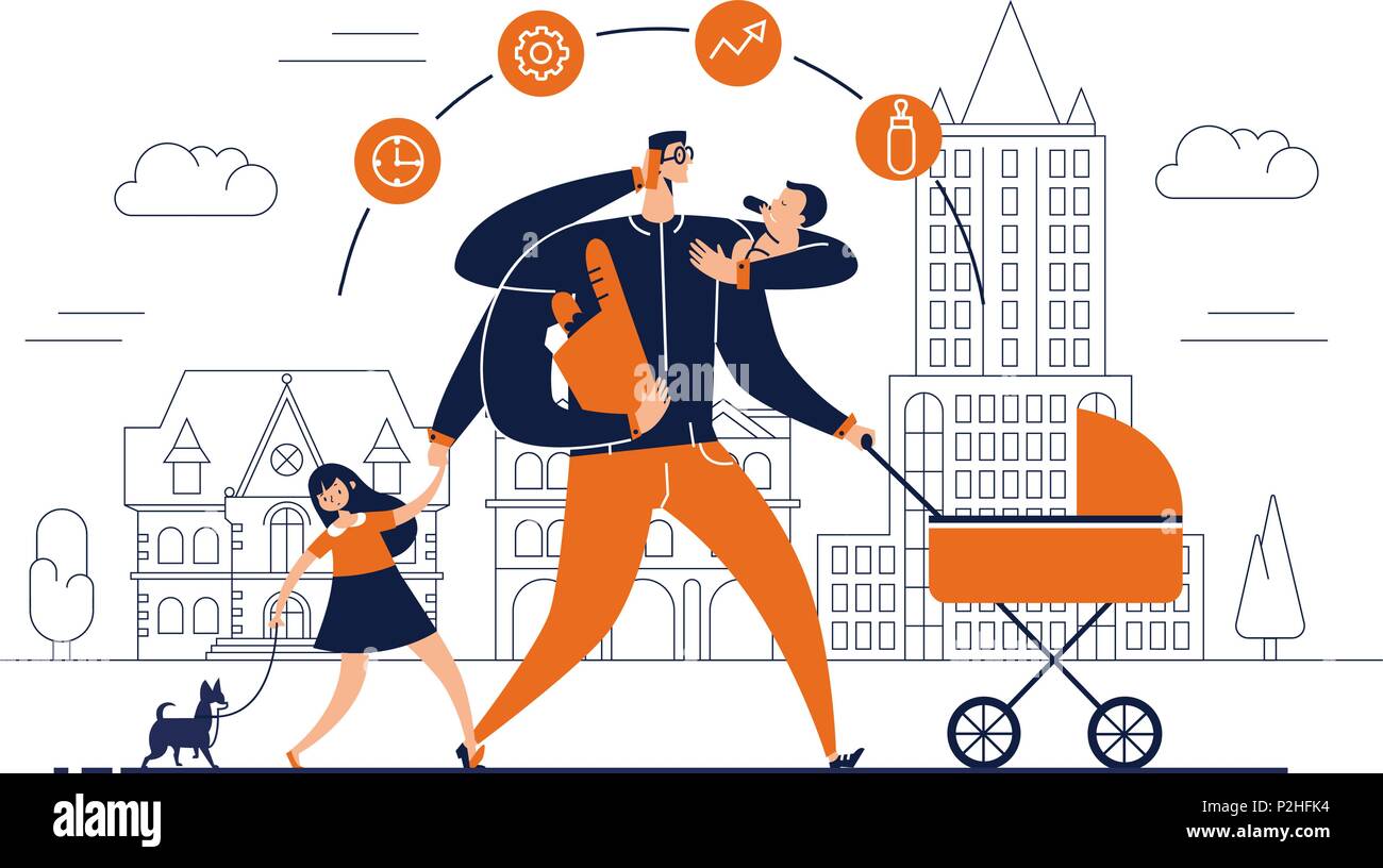 Uomo con le icone delle attività attorno alla testa e più bracci porta neonato, passeggino Borsa con cibo, parla al telefono e conduce la figlia a piedi cane al guinzaglio. Concetto di unico Padre. Illustrazione Vettoriale. Illustrazione Vettoriale