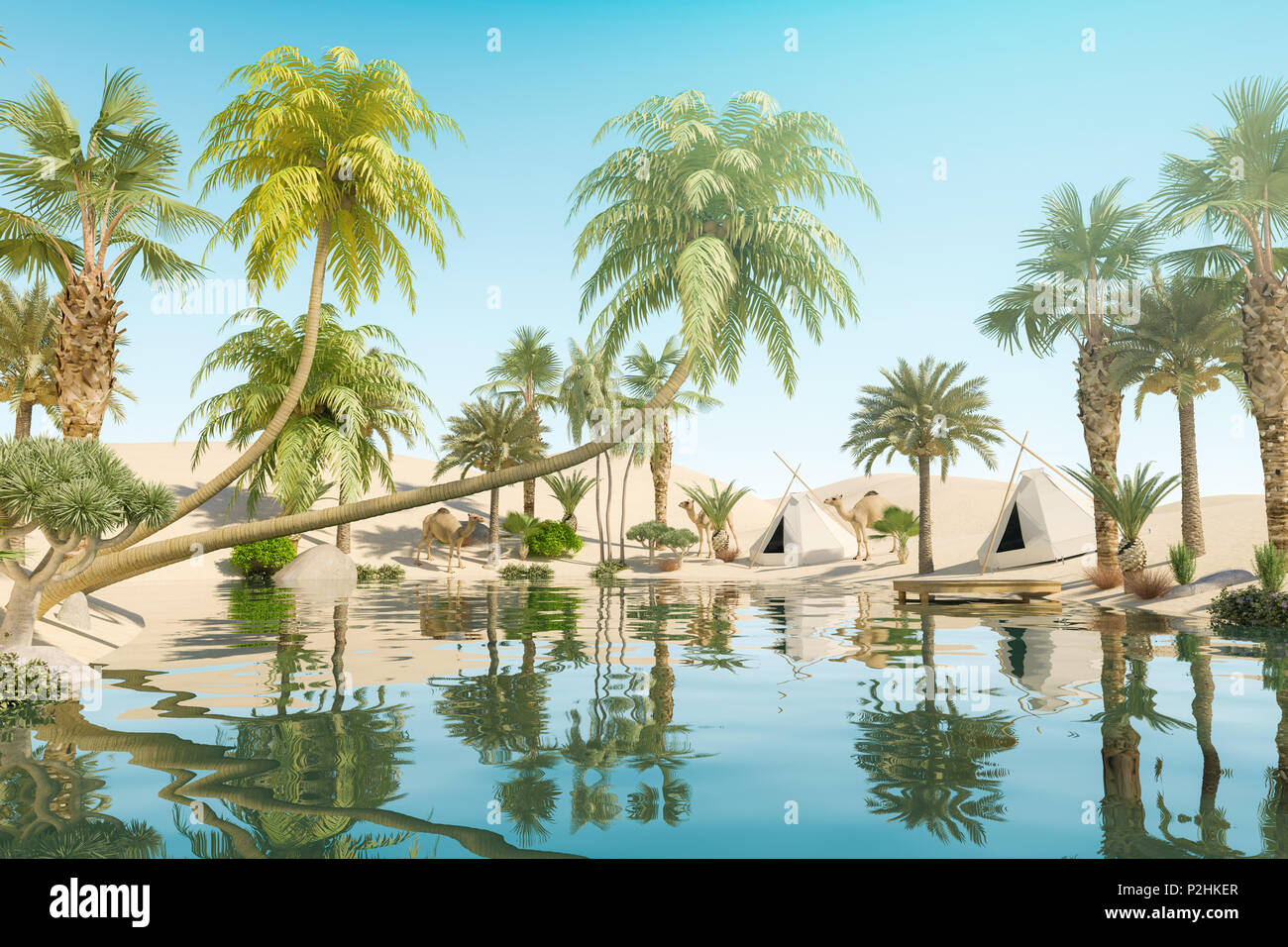 Oasi e palme nel deserto e campi di viaggiatori, rendering 3D Foto Stock