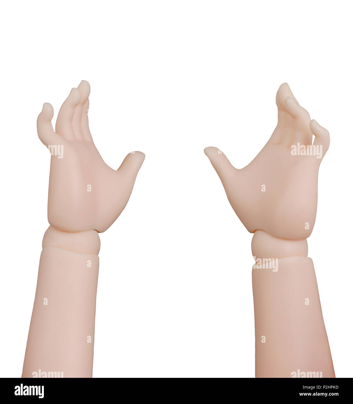 Due dummy di plastica mani tenendo qualche cosa invisibile. Isolato su sfondo bianco. Foto Stock