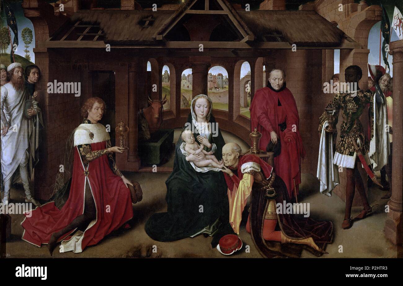 "L'Adorazione dei Magi", 1479-1480, scuola fiamminga, olio su pannello, 95 cm x 63 cm, P01557. Autore: Hans Memling (c. 1433-1494). Posizione: Il MUSEO DEL PRADO-PINTURA, MADRID, Spagna. Foto Stock