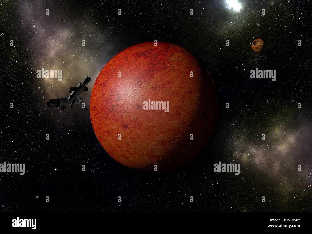 Astronave interstellare battenti a sconosciuto pianeta rosso nello spazio esterno con stelle e nebulose. Esplorazione dello spazio. Foto Stock