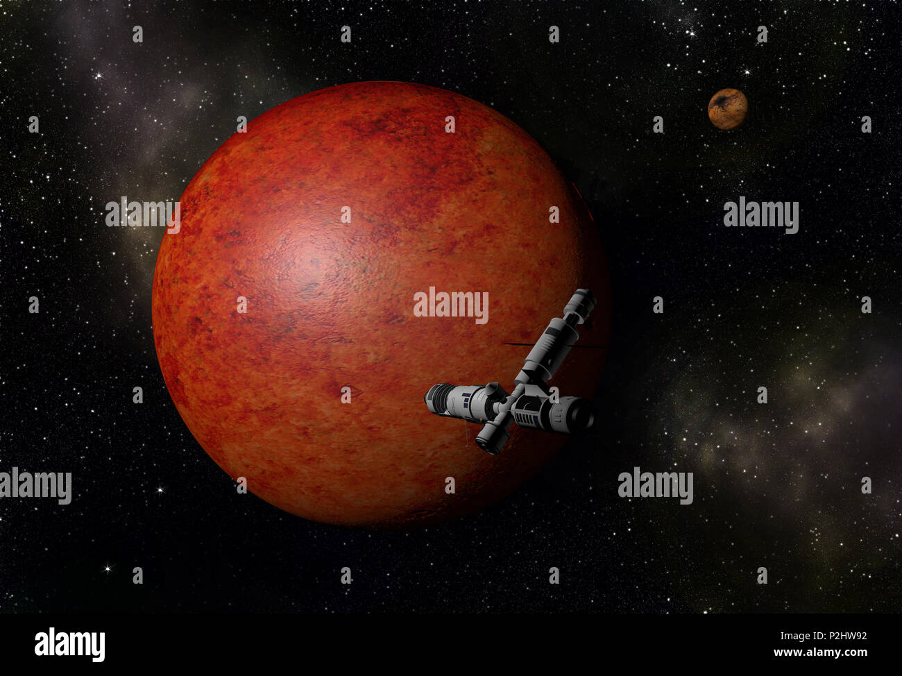 Astronave interstellare battenti a sconosciuto pianeta rosso nello spazio esterno con stelle e nebulose. Esplorazione dello spazio. Foto Stock