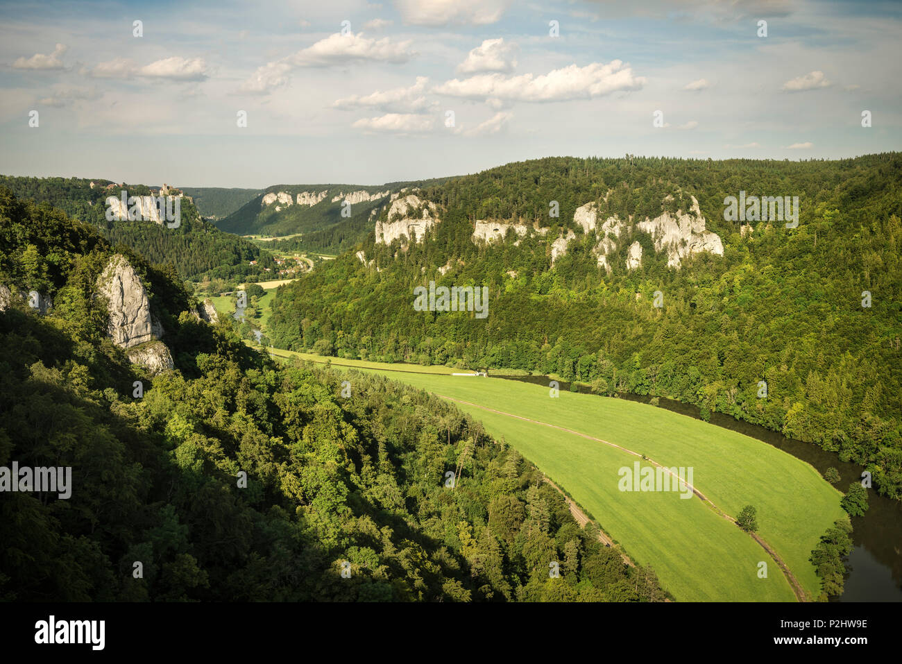 Vista nella Valle del Danubio verso castello Werenwag, Danubio superiore Natura Park, Sigmaringen, Tuttlingen, Zollernalb, Biberach, Sw Foto Stock