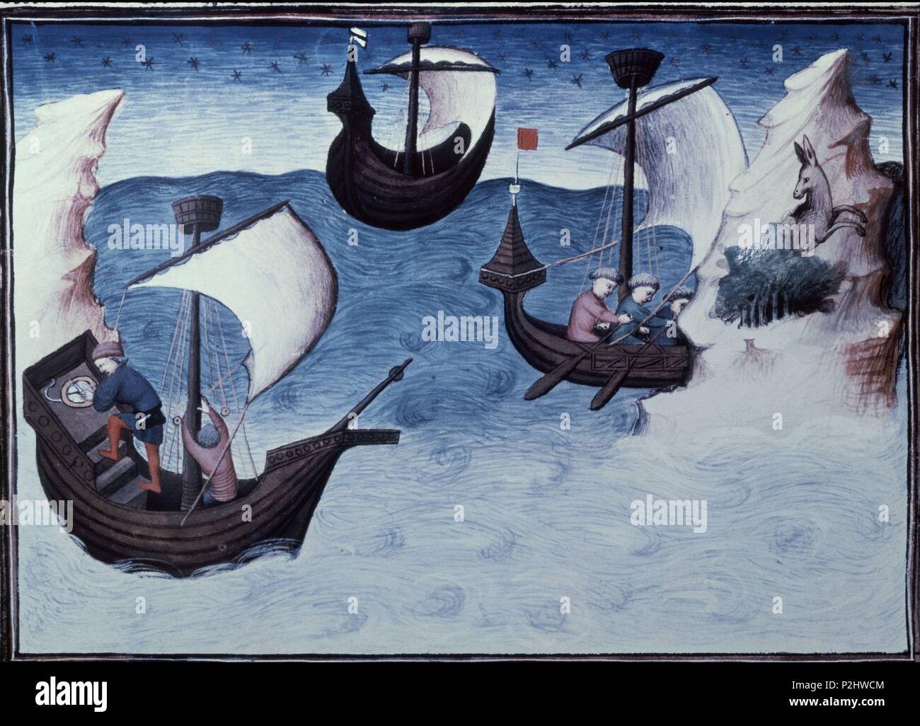 Illustrazione per la storia universale delle esplorazioni : navigazione notturna durante il Marco Polo esplorazioni. Posizione: Biblioteca Nazionale, Francia. Foto Stock