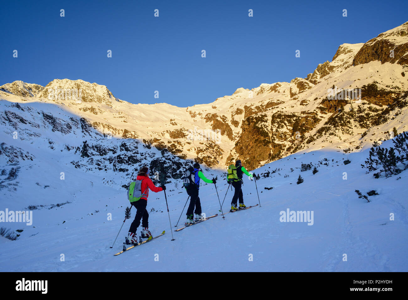 Tre persone indietro-paese sci salendo verso Schneespitze, Schneespitze, valle di Pflersch, Alpi dello Stubai, Alto Adige, Foto Stock