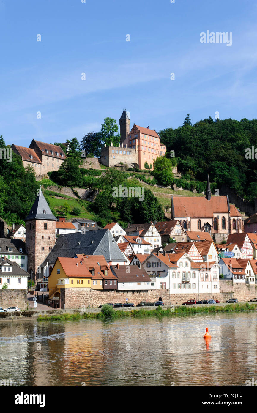 Città vecchia con il castello di Hirschhorn, Hirschhorn sul fiume Neckar, Hesse, Germania Foto Stock