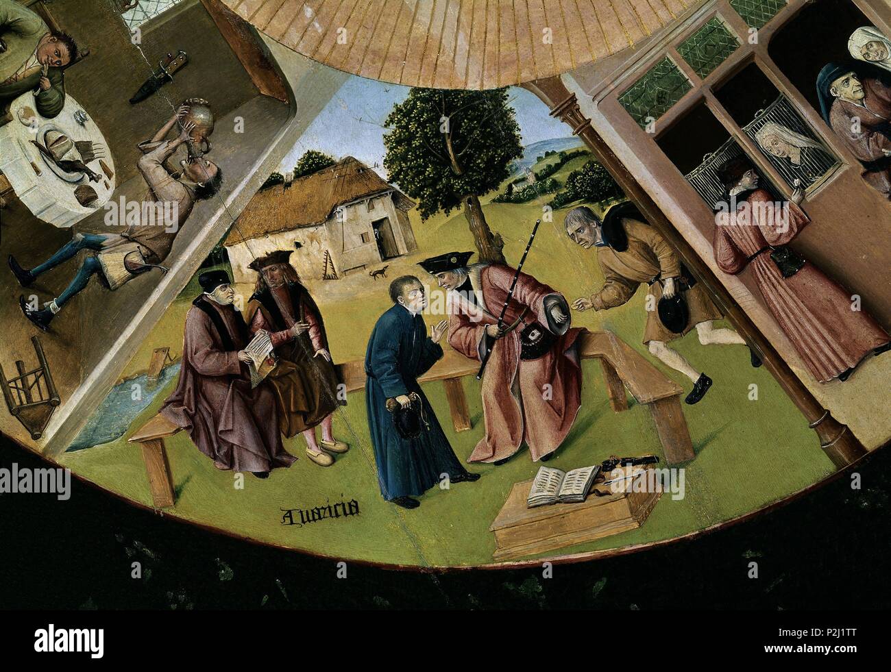 "I sette peccati capitali e le quattro cose ultime" - Dettaglio: avidità, 1480, Olio su legno. Autore: Hieronymus Bosch (c. 1450-1516). Posizione: Il MUSEO DEL PRADO-PINTURA, MADRID, Spagna. Foto Stock