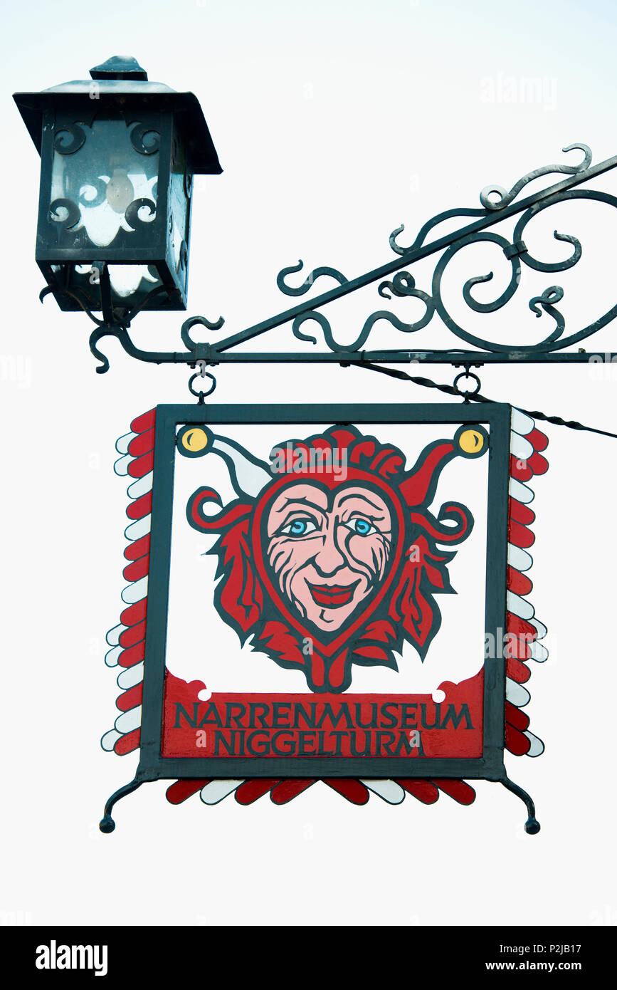 Segno per il buffone Museum, Gengenbach, Foresta Nera, Baden-Wuertemberg, Germania Foto Stock