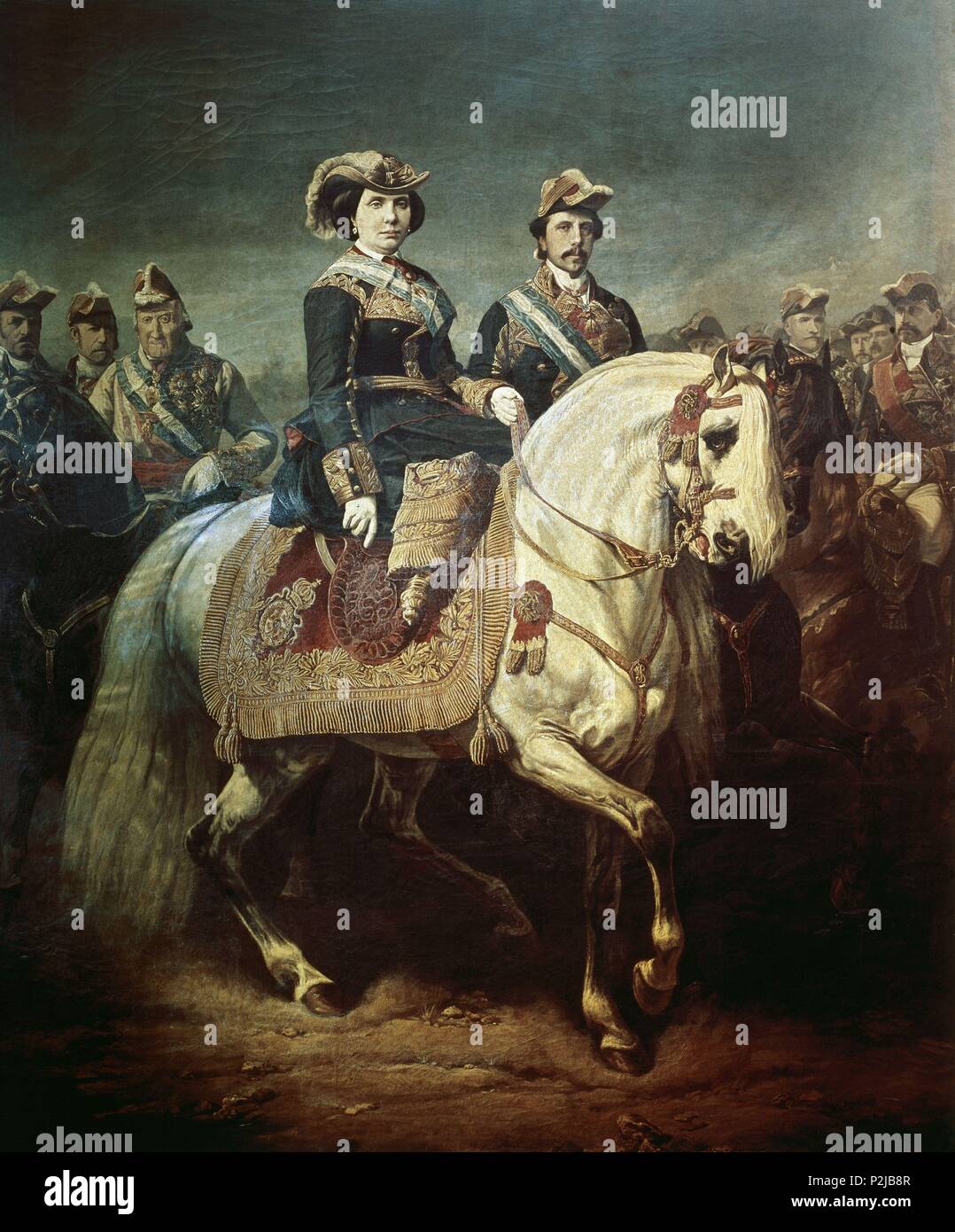 "Isabel II dirigiendo n.a. revista militar", 1867, olio su tela, 333 x 277 cm, DE0122. Autore: Louis Étienne Charles Porion (1814-1884). Posizione: Museo Romantico-PINTURA, MADRID, Spagna. Foto Stock
