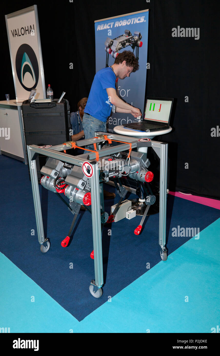 Reagire Robotics DogBot, progettato per i ricercatori di romanzo di test di intelligenza artificiale nel mondo fisico sul display in corrispondenza del vertice di intelligenza artificiale, Excel, London Foto Stock