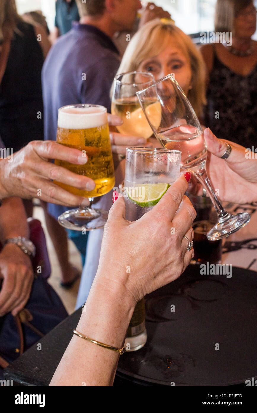 La gente festeggia un occasione con bicchieri di birra e vino. Foto Stock