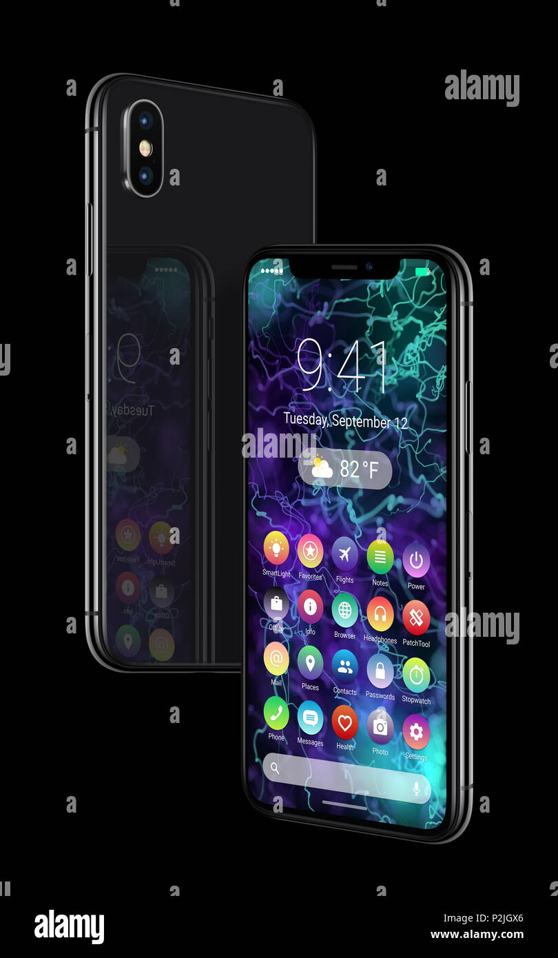 Passando agli smartphone di colore nero con design di materiale piatto interfaccia UI. Android concept phone. Foto Stock Passando agli smartphone di colore nero con design di materiale piatto interfaccia UI. Android concept phone. Foto Stock