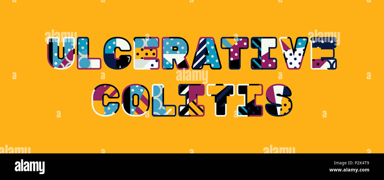 Le parole della colite ulcerosa concetto scritto in astratto colorato la tipografia. Foto Stock