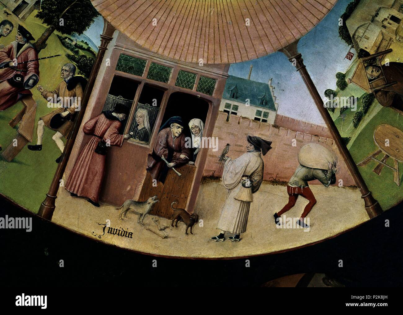 "I sette peccati capitali e le quattro cose ultime" - Dettaglio: invidia, 1480, Olio su legno. Autore: Hieronymus Bosch (c. 1450-1516). Posizione: Il MUSEO DEL PRADO-PINTURA, MADRID, Spagna. Foto Stock