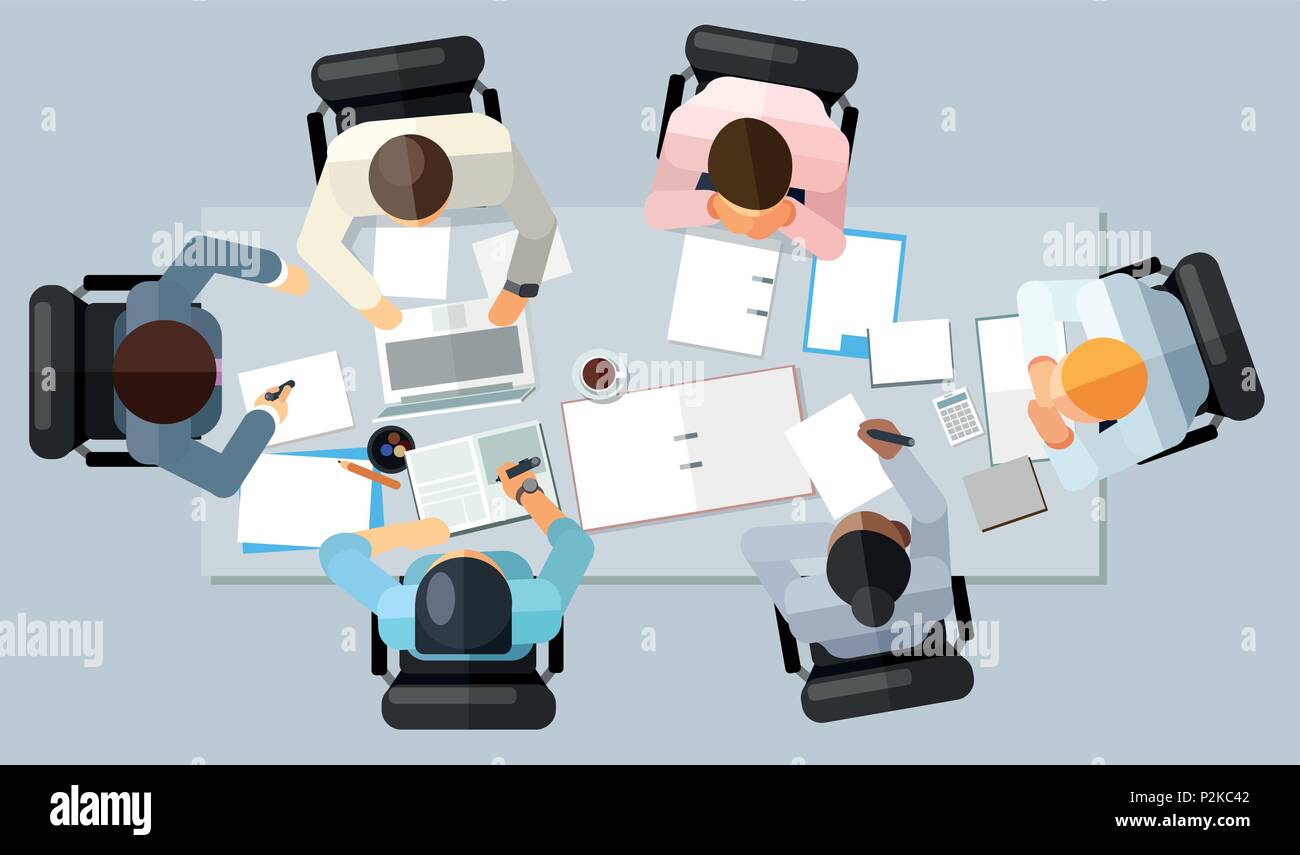Business meeting concetto. Illustrazione Vettoriale in una vista aerea con persone sedute intorno ad un tavolo da conferenza con la copia in bianco lo spazio a destra Illustrazione Vettoriale