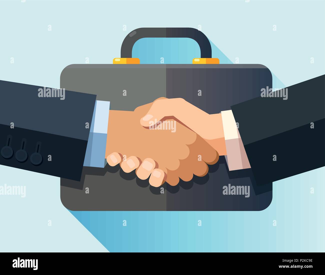 Stretta di mano del business di persone su una valigetta sfondo . Design piatto moderno vettore illustrazione del concetto. Illustrazione Vettoriale