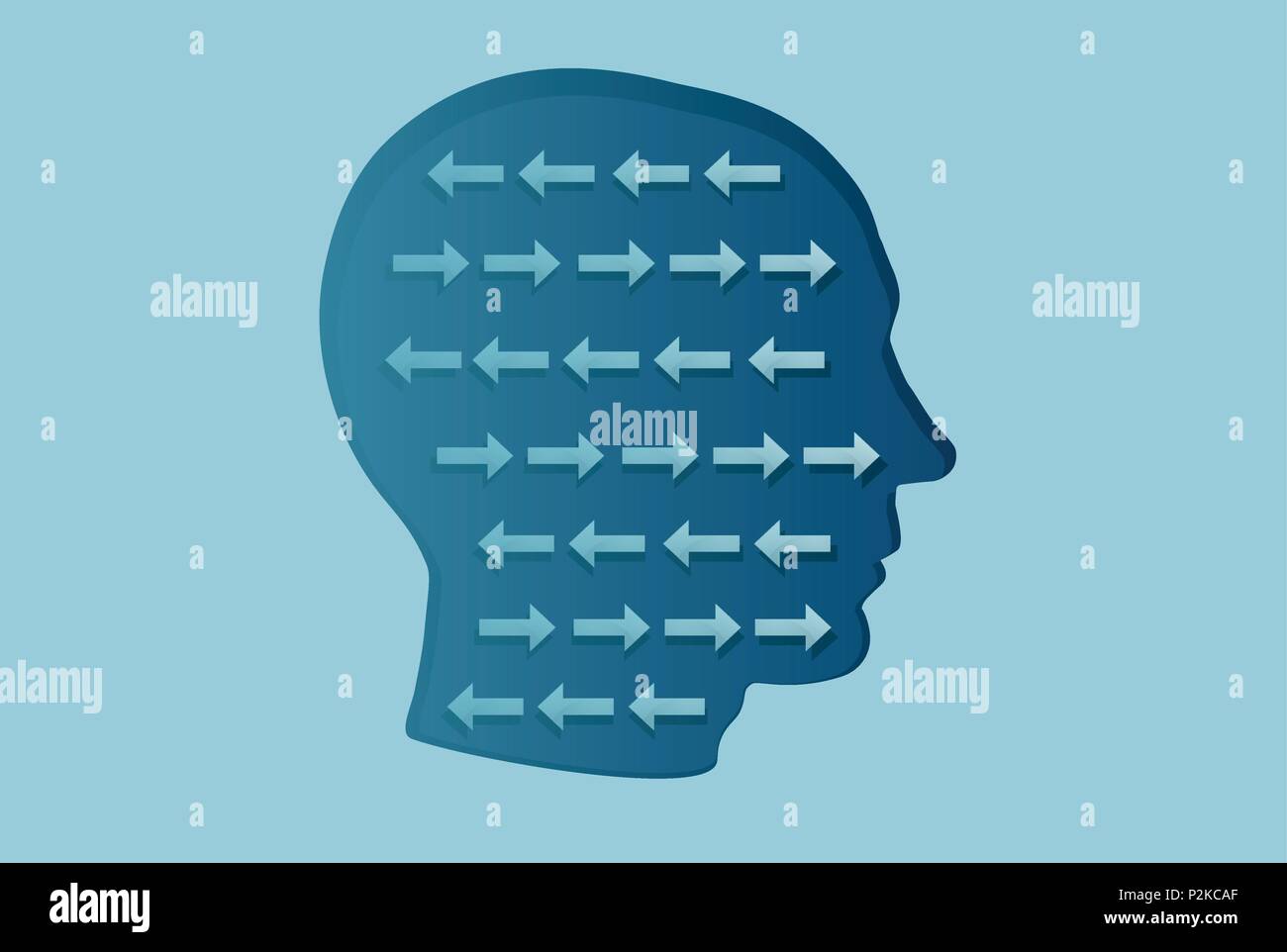 Vettore di una testa di uomo con le frecce all'interno andando in direzioni opposte. Dissonance conoscitivo concept Illustrazione Vettoriale