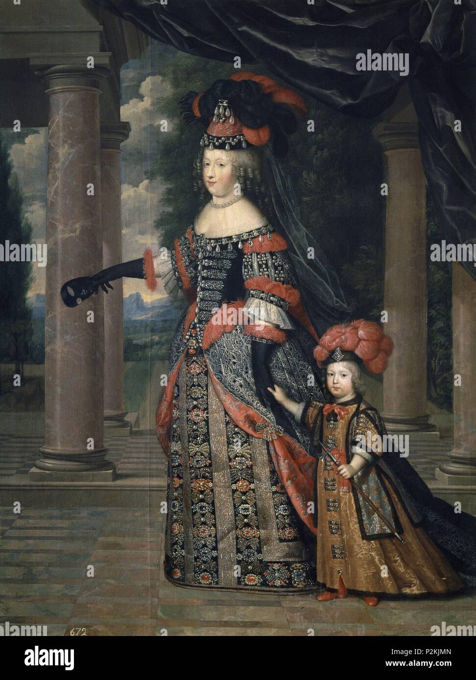 'Maria Teresa di Austria e suo figlio il Delfino di Francia", ca. 1664, Scuola di francese, olio su tela, 225 cm x 175 cm, P02291. Autore: BEAUBRUN CHARLES / BREAUBRUN HENRY. Posizione: Il MUSEO DEL PRADO-PINTURA, MADRID, Spagna. Foto Stock