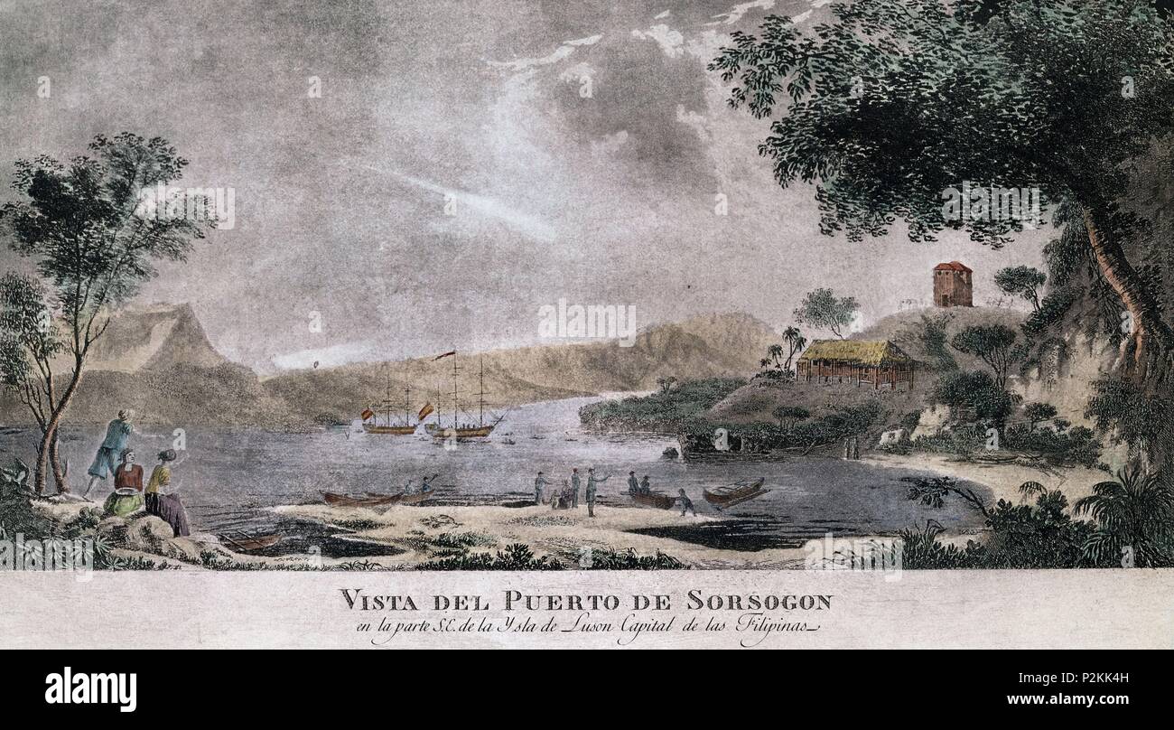 VISTA DEL PUERTO DE SORSOGON EN LA ISLA DE LUZON CAPITAL DE LAS FILIPINAS - GRABADO SIGLO XVIII. Autore: Fernando Brambila (1763-1832). Posizione: MUSEO NAVAL / MINISTERIO DE MARINA, MADRID, Spagna. Foto Stock