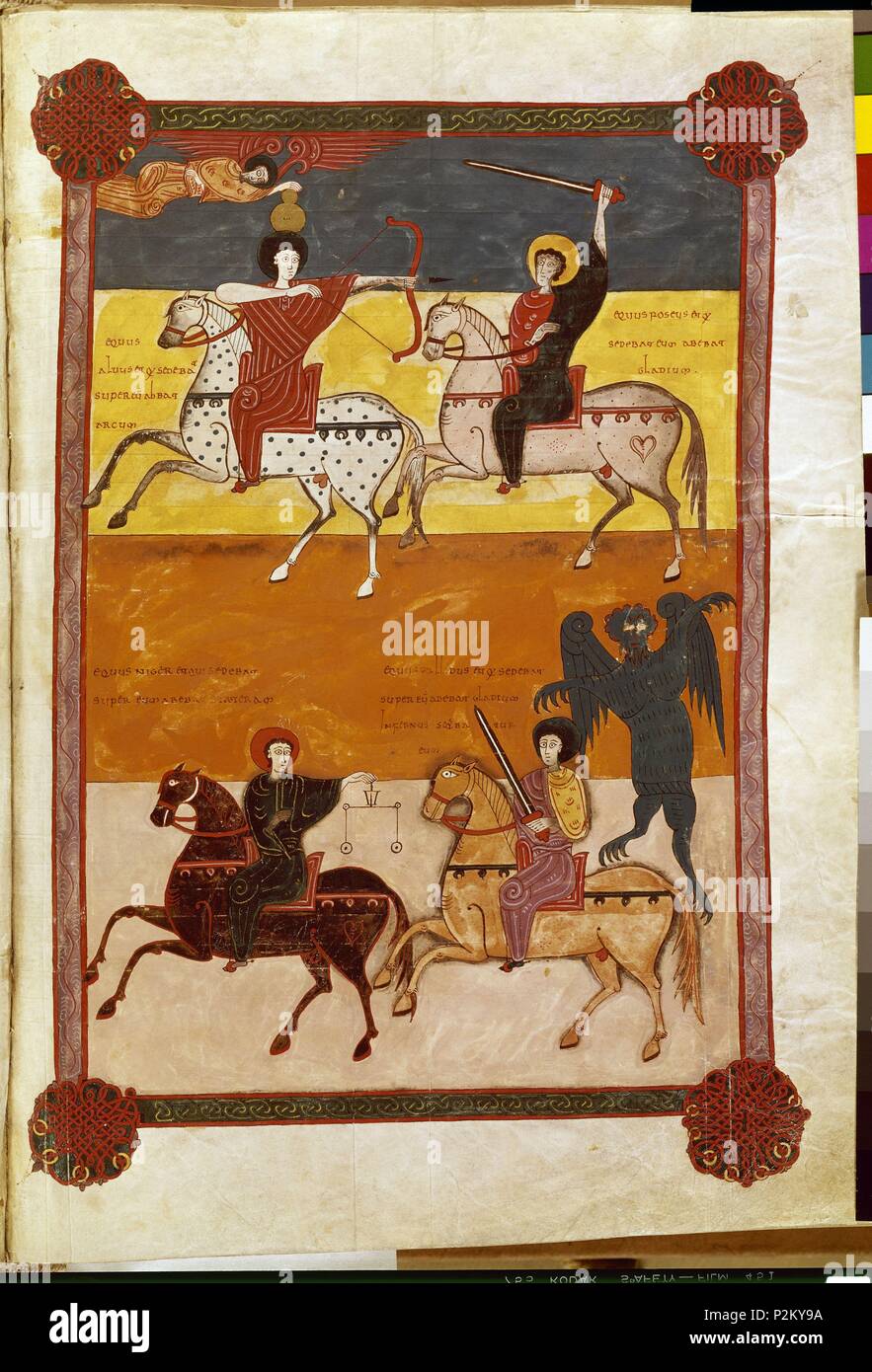 COMENTARIOS AL APOCALIPSIS-1047- F135- VISION DE LOS CUATRO JINETES-MOZARABE. Autore: Beato di Liébana (c. 730-c. 798). Posizione: Biblioteca Nacional-COLECCION, MADRID, Spagna. Foto Stock