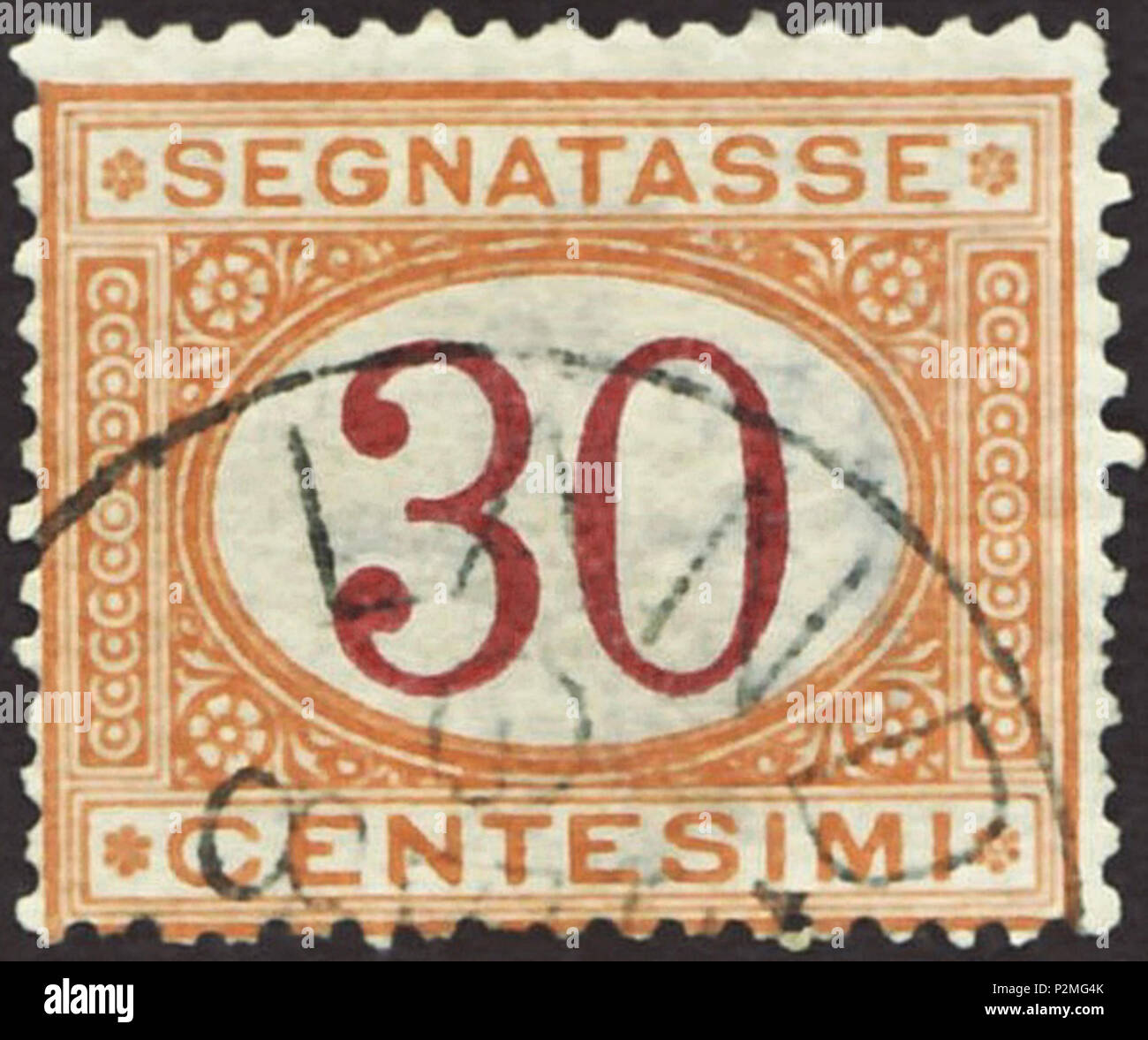 . Timbro del Regno d'Italia; 1890; spese di affrancatura dovuta timbro (= 'Segnatasse') della questione "Numero nel mentire ovale"; timbro timbro postale timbro: Michel: No. P7b: & Yvert Tellier: No. T8 o S8; Scott: No. J8 Colore : arancio / lilla scuro filigrana rosso: Italia n. 1 (crown) Valore nominale: 30 centesimi spedizione validità: dal 1890 fino a quando ? Timbro dimensioni immagine (area stampata): 22,5 x 18,5 mm . 1890 (primo rilascio del timbro). Poste del Regno d'Italia (Post del governo dell'Italia) 42 ITA 1890 MiNr0P07b pm B002a Foto Stock